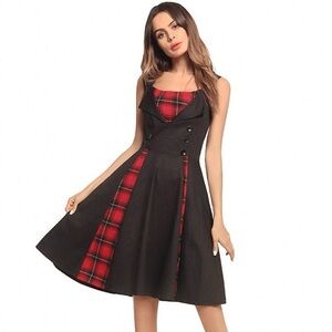 Retro 50’s Black Red Plaid Pleated Dress Medium